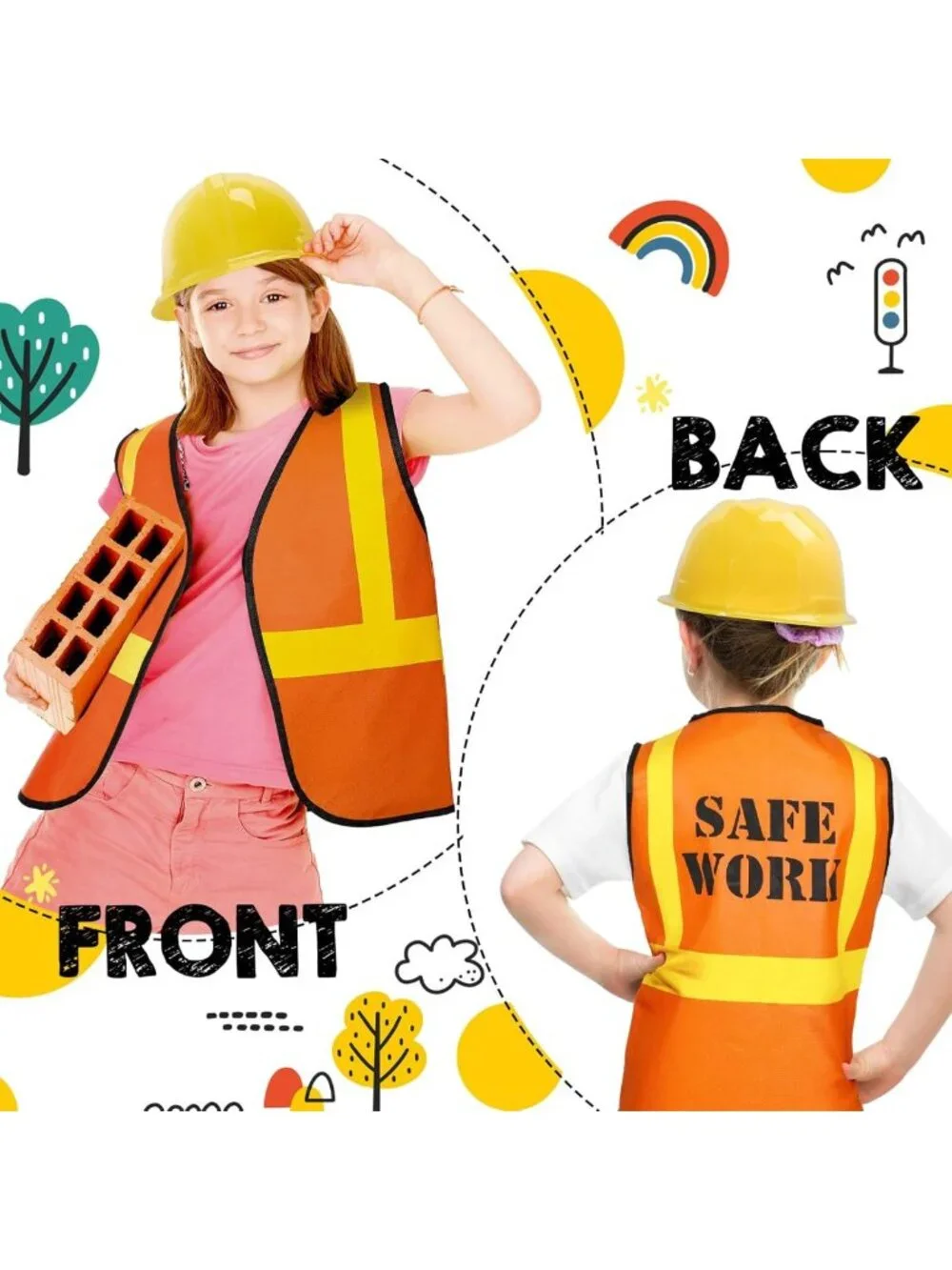 48 Pcs Kids Construction Vests & Hats Set for Birthday, Halloween, Dress-Up Fun